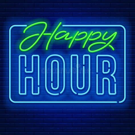 Happy Hour Neon Sign. Happy Hour. Realistic neon sign on brick wall ...