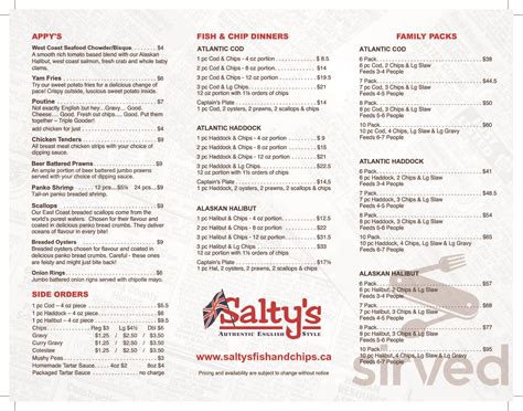 Salty's Fish and Chips menu in Duncan, British Columbia, Canada