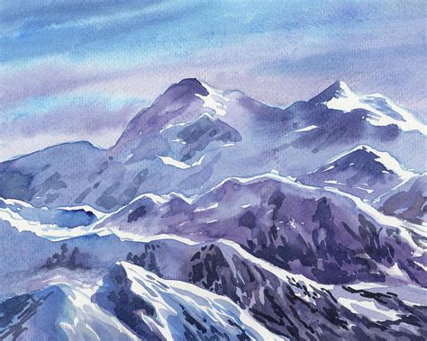 Snowy Mountains Landscape In Blue And Purple Watercolor Painting by ...