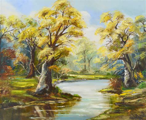 1970s Yellow Oak Trees Autumn River Landscape Painting | Chairish