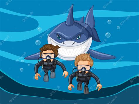 Premium Vector | Great white shark and divers in the water