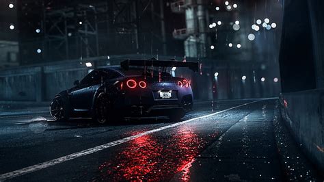 HD wallpaper: blue sports car wallpaper, dark, night, rain, Nissan ...