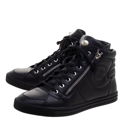 Chanel Black Leather CC Double Zip Accent High Top Sneakers Size 38.5 ...