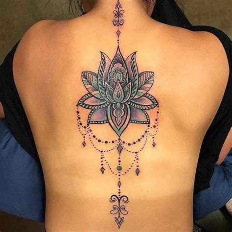 mandala tattoo meaning, colourful lotus, back tattoo, black top, blue ...