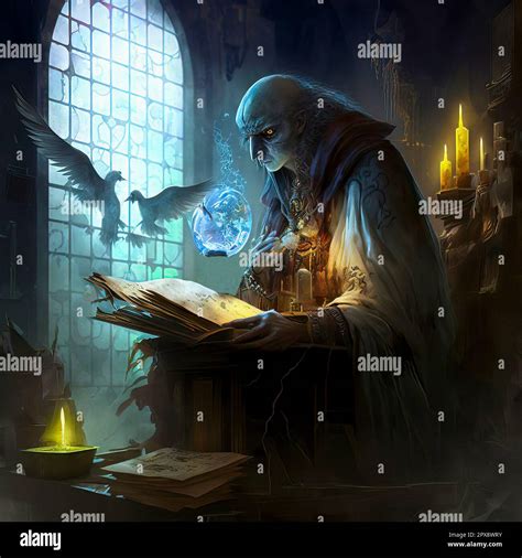 Fantasy Art Creepy Looking Sorcerer Holding Spell Book, Candles and ...