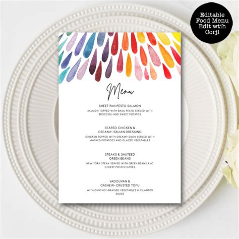 Rainbow Food Menu Rainbow Menu Custom Dinner Menu Editable - Etsy