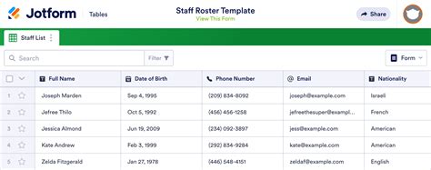 Staff Roster Template | Jotform Tables