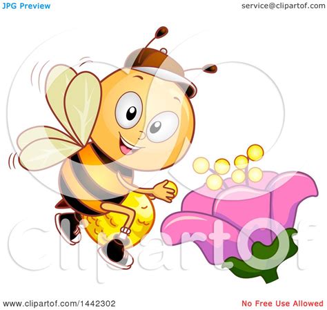 Clipart of a Happy Bee Pollinating a Flower - Royalty Free Vector ...