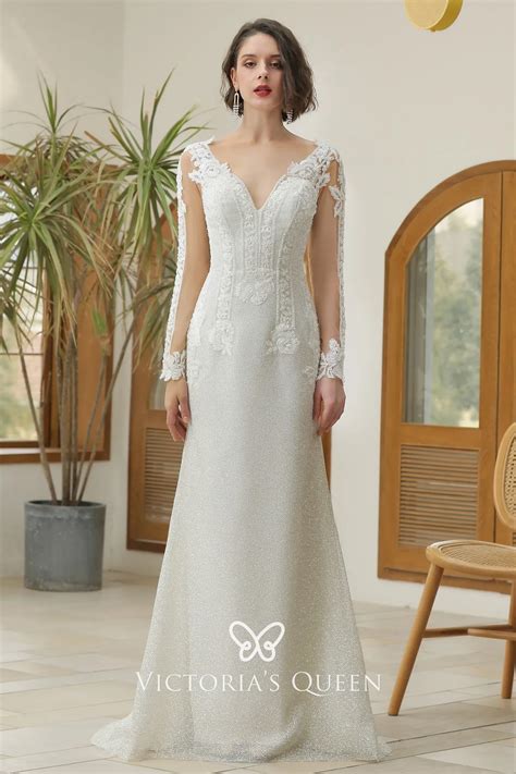 Long Sleeves Lace & Glitter Mesh Noble Wedding Dress - VQ