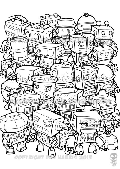 Retro Robot Colouring Page, Adult Colouring Book Page One Page Instant ...