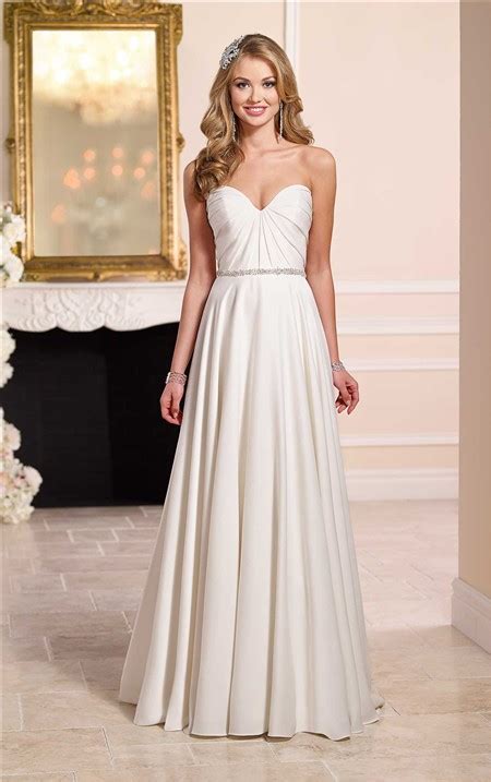 A Line Strapless Sweetheart Satin Pleated Wedding Dress Crystals Belt