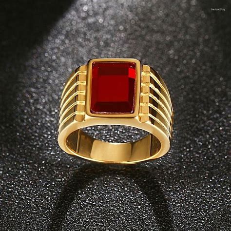 Wedding Rings 14mm Men Ring Gold Color Stainless Steel Red Glass Stone ...