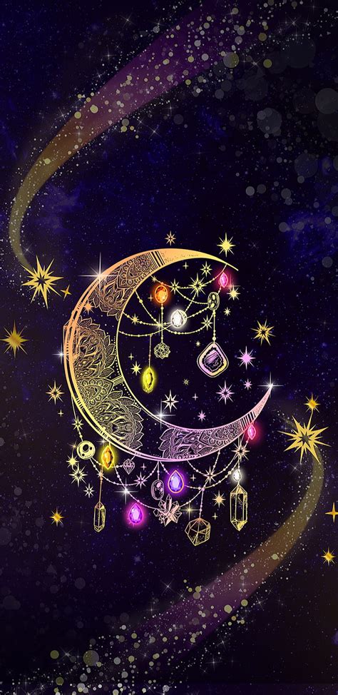 Galaxy Moon, colourful, galaxy, gold, jewels, moon, pink, purple, stars ...