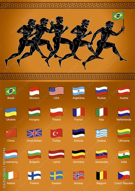 Black-figured runners with the flag. Set of flags. Illustration in the ...