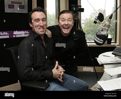 Guest Ricky Gervais (right) with Absolute Radio Breakfast Show ...