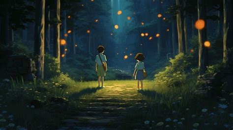 two children standing in the middle of a forest at night with lanterns ...