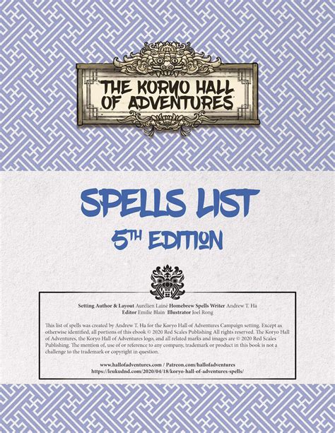 Koryo Hall of Adventures Spells List - 5e - Red Scales Publishing ...