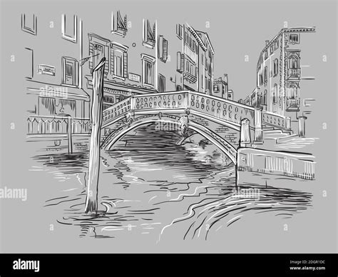 Vector hand drawing illustration of bridge on canal in Venice. Venice ...