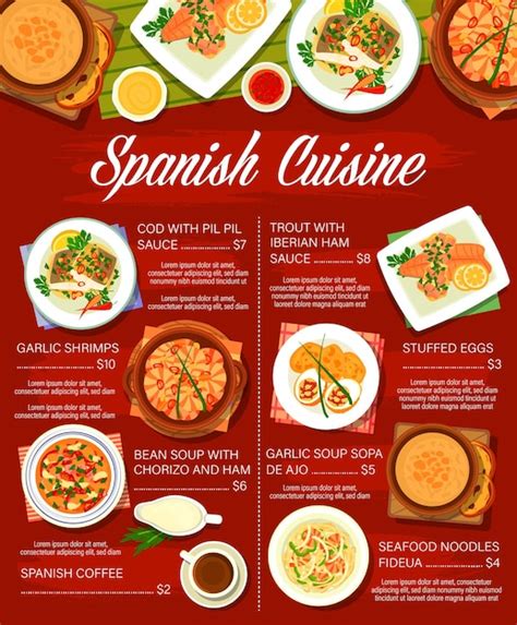 Menú de comida española, platos de la cocina española, tapas | Vector ...