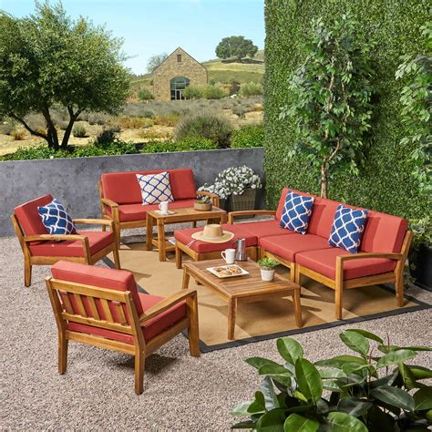 Wilcox Outdoor 9 Piece Acacia Wood Sectional Sofa Set with Cushions ...