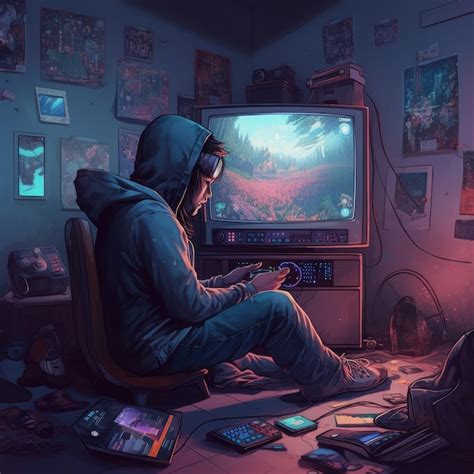 Premium Photo | A man playing video games in front of a tv with a game ...