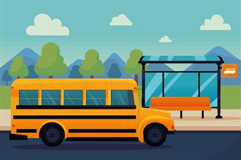 Premium Vector | School bus at the bus stop