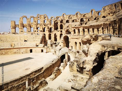 El Djem, Tunisia: May 17, 2022: The Colosseum of El Jem is an oval ...