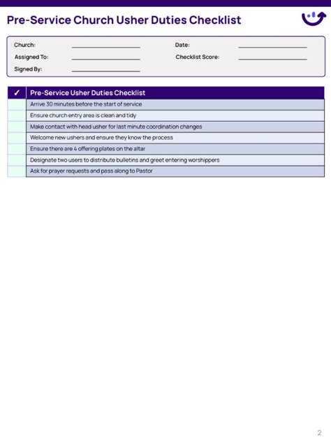 Pre-Service Church Usher Duties Checklist | Xenia Templates