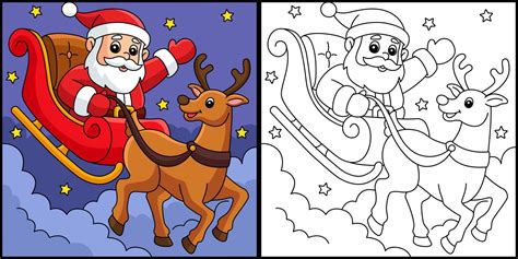 Christmas Santa Sleigh And Reindeer Coloring Page 10789372 Vector Art ...