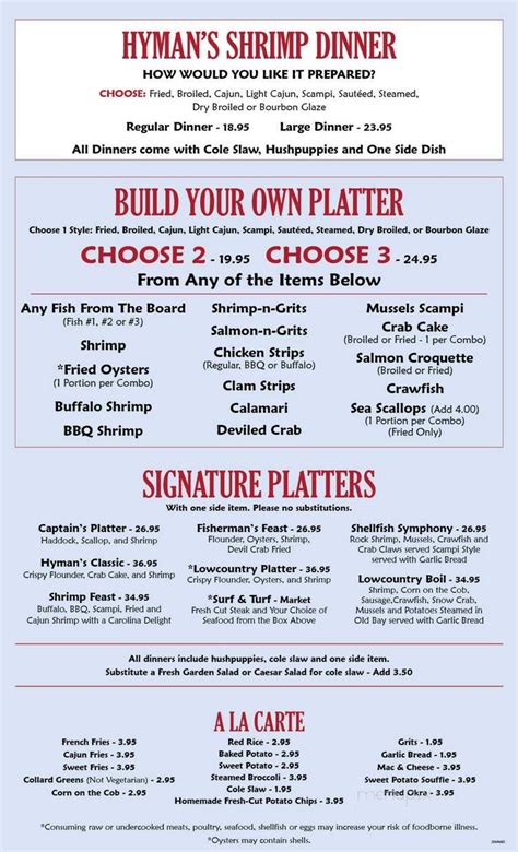 Menu of Hyman's Seafood in Charleston, SC 29401