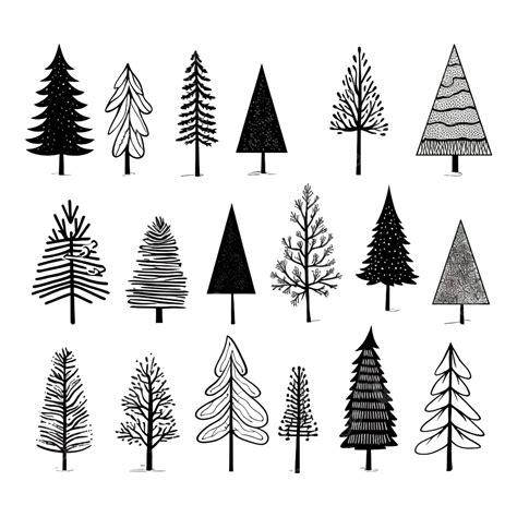 Doodle Sketch Christmas Tree Set Simple Minimal Black Shape Fir Tree ...