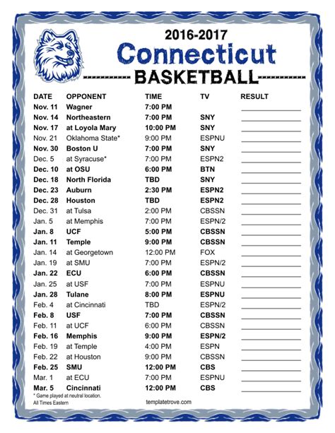 Printable 2016-2017 UConn Huskies Basketball Schedule