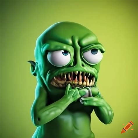 Cartoon illustration of a green booger monster with a controller on Craiyon