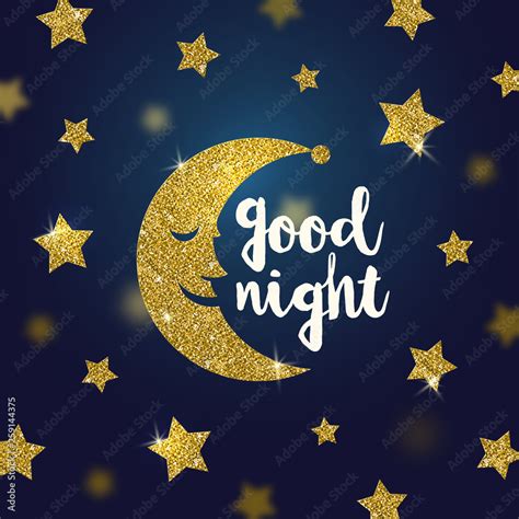 Vector illustration - Good night wishes with glitter gold cartoon moon ...