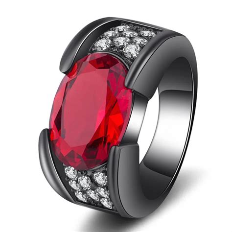 Fatpig Men Ring Stainless Steel Solitaire Red Garnet Fashion Black ...