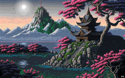 Pixel Art Serenity: HD Oriental Landscape Wallpaper by Robert Ramsay