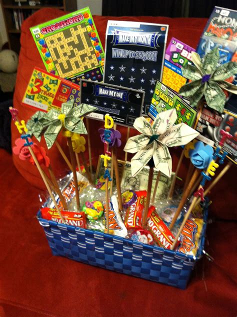 Scratch off lottery ticket basket for silent auction. Folded money into ...