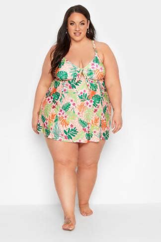 YOURS Curve Plus Size Pink Tropical Print Hanky Hem Swimdress | Yours ...