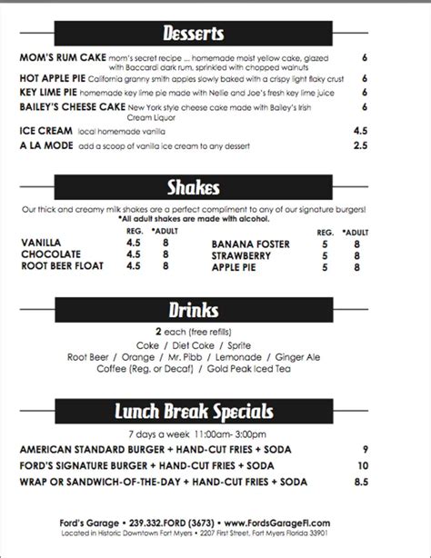 Menu at Ford's Garage restaurant, Fort Myers, First St