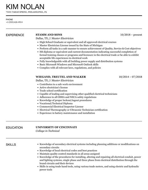 Master Electrician Resume Samples | Velvet Jobs