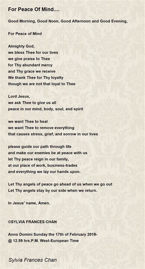 For Peace Of Mind.... - For Peace Of Mind.... Poem by Sylvia Frances Chan