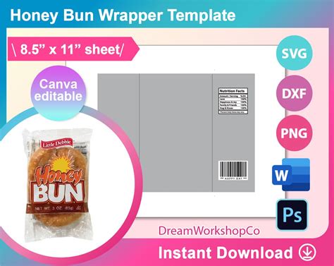 Honey Bun Wrapper Template, Honey Bun Template, SVG, DXF, Ms Word Docx ...