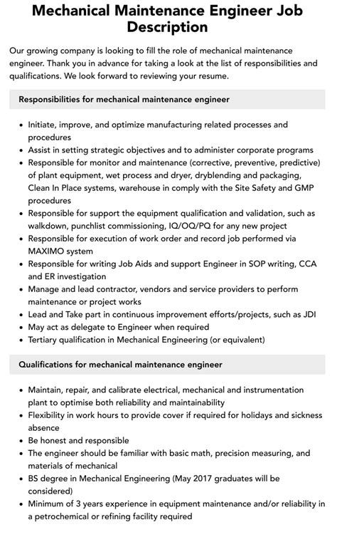 Mechanical Maintenance Engineer Job Description | Velvet Jobs