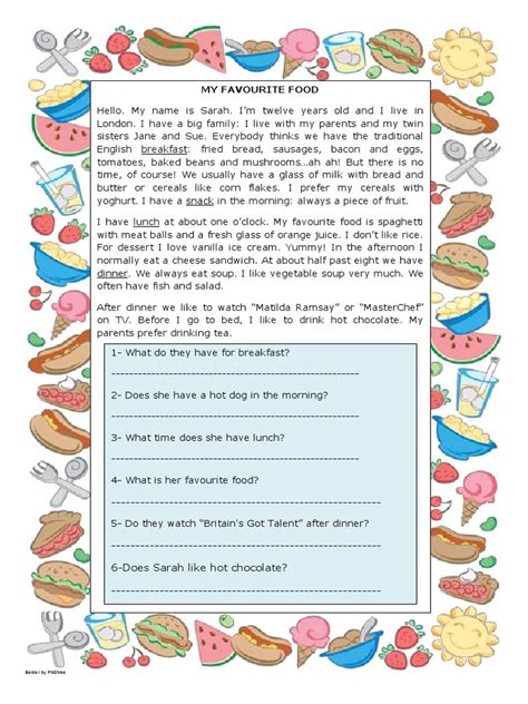 My Favourite Food Reading Comprehension Exercises 107510 | PDF