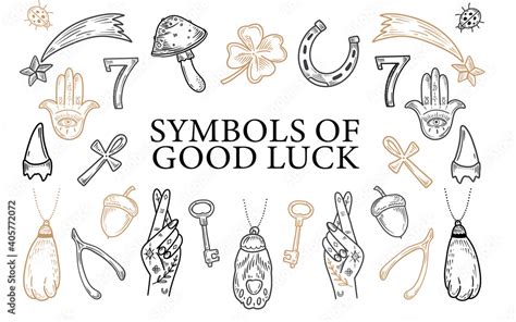 Charms of Good Luck. Hand drawn doodle Lucky symbols set. Luck symbols ...