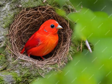 Premium AI Image | Scarlet Tanager sits on a branch in the forest and ...