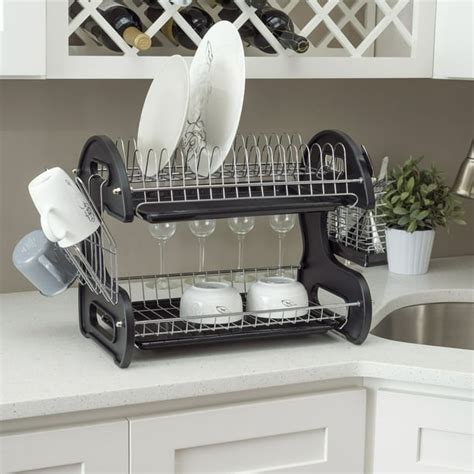 2 Tier Plastic Dish Drainer, Black - Walmart.com - Walmart.com