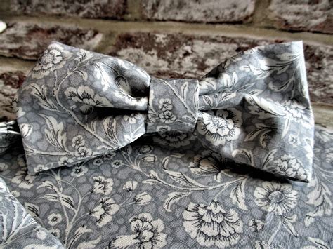 Hand sewn pocket square and bow tie, silver grey floral - wedding ...