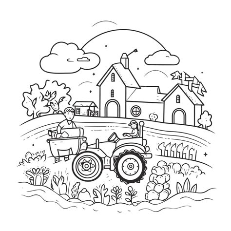 Farm With A Tractor And Man On The Farm Coloring Page Outline Sketch ...