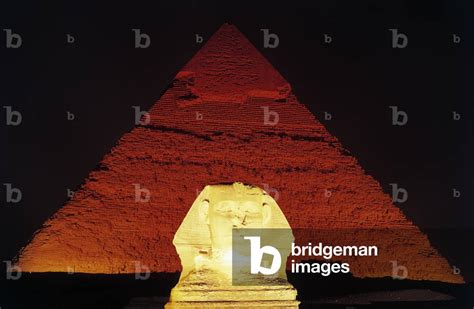 Image of The Sphinx of Giza and Pyramid of Khafre at night,